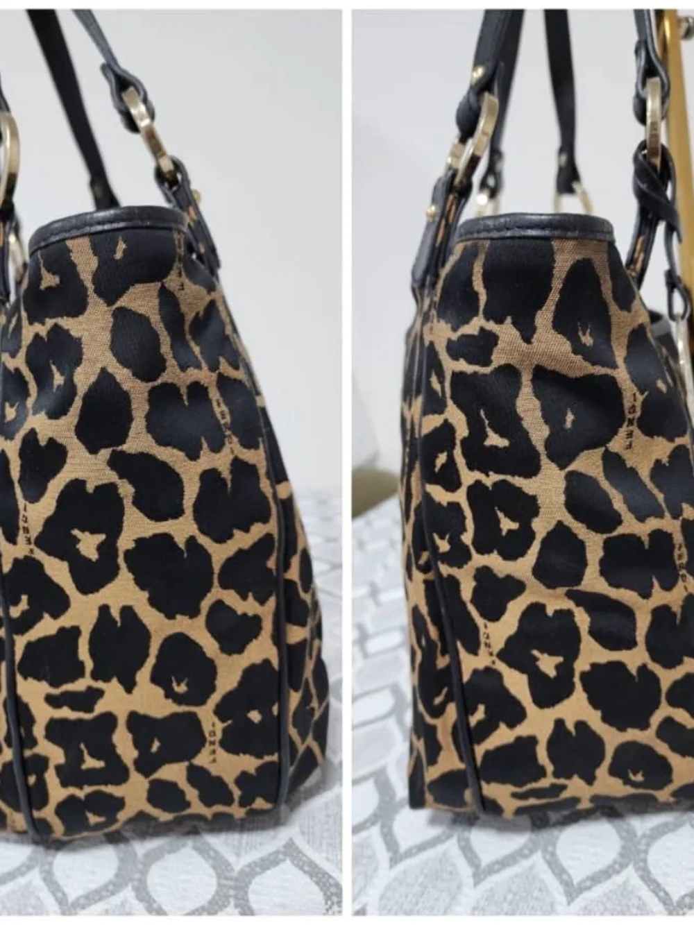 Authentic Fendi Leopard Print Canvas Shoulder Bag Brown/Black